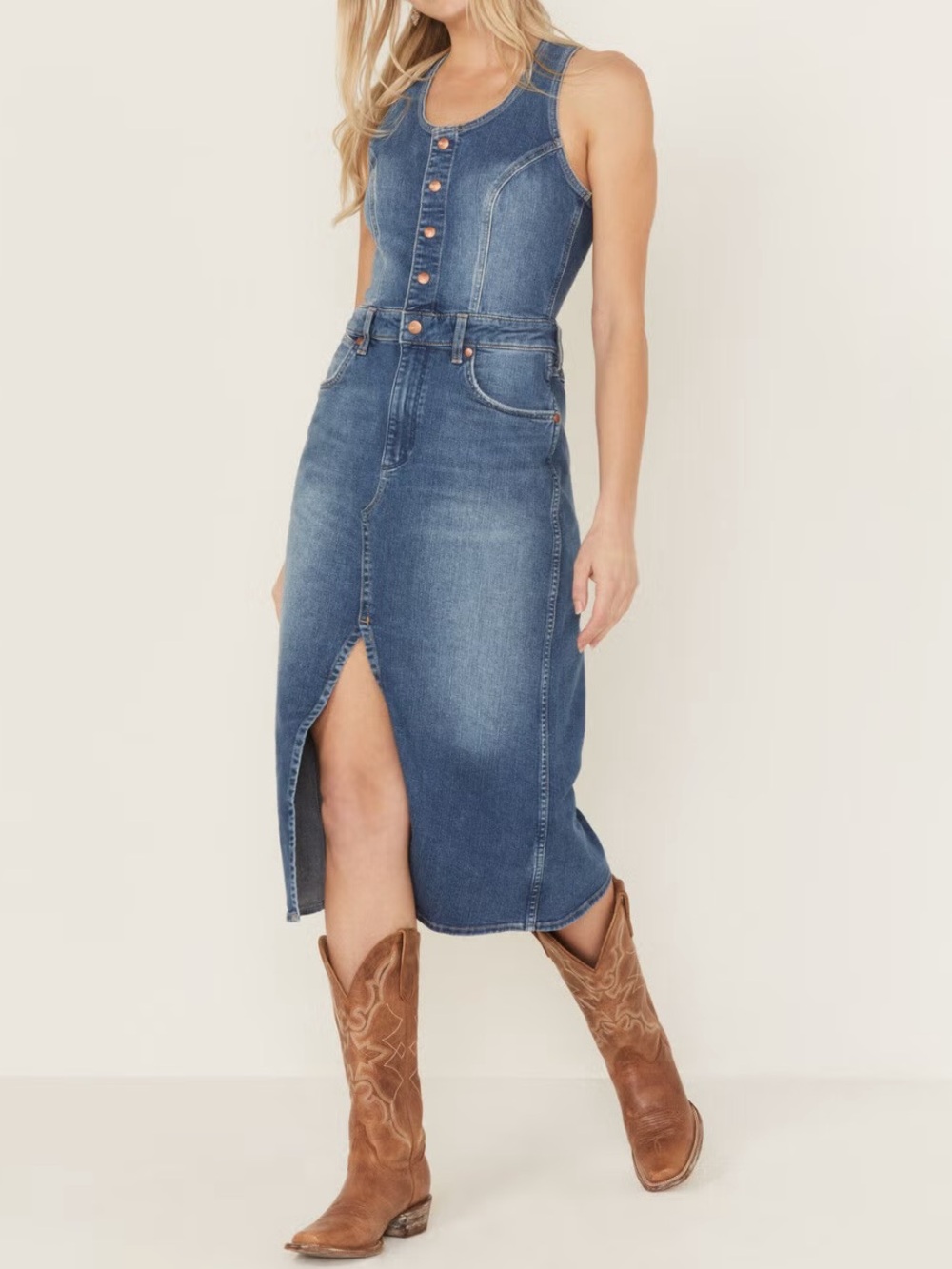 Wrangler Women's Racerback Button-Down Denim Midi Jean Dress Large Sleeveless